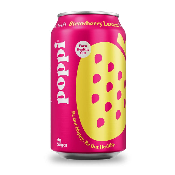 POPPI Sparkling Prebiotic Soda w/Gut Health, Low Sugar Drinks, Strawberry Lemon, 12oz (12 Pack)