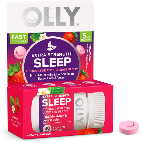 OLLY Extra Strength Sleep Fast Dissolve Tablets, Strawberry, 30-60 Count (1-2 Pack)