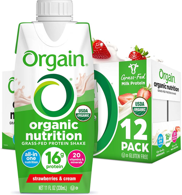 Orgain Organic Protein Shake, Strawberries & Cream 16g, 11 Fl Oz (Pack of 12)