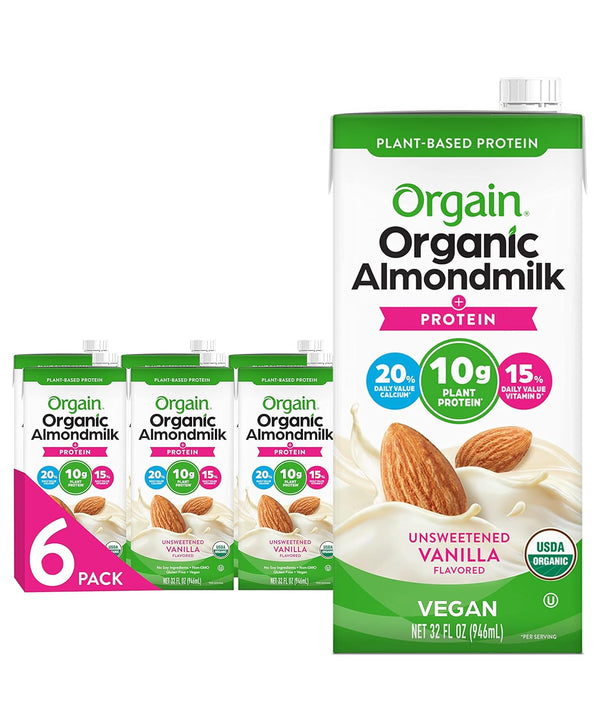 Orgain Organic Vegan Protein Almond Milk, Unsweetened Vanilla, 32 Fl Oz (Pack of 6)