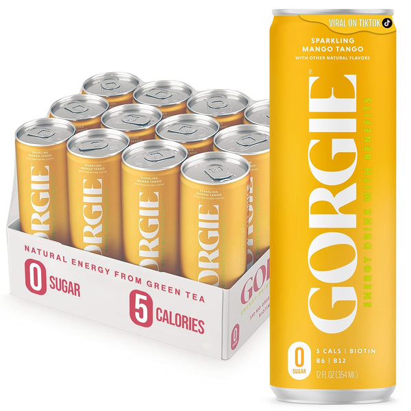 GORGIE Sugar Free Natural Energy Drinks, Sparkling Mango Tango (12 Pack)