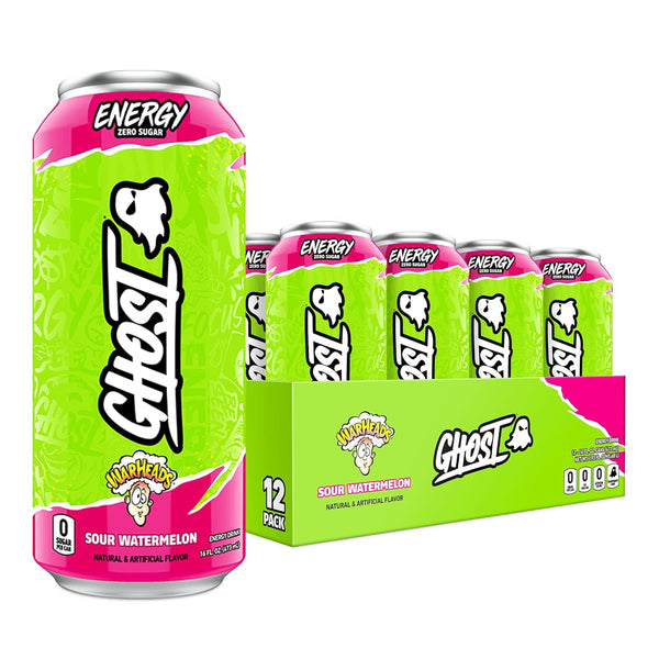 GHOST Sugar-Free Energy Drink, WARHEADS Sour Watermelon, 16 oz (12 Pack)