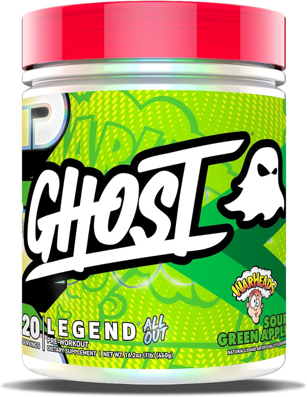 GHOST Legend All Out Pre-Workout, Warheads Sour Green Apple, 20 Servings