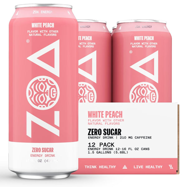 ZOA Zero Sugar Energy Drink - White Peach, 16oz Cans (12 Pack)