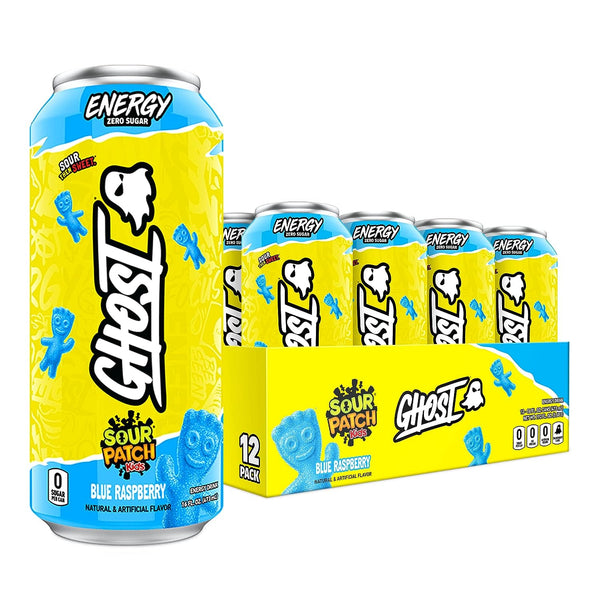 GHOST Sugar-Free Energy Drink, SOUR PATCH KIDS Blue Raspberry, 16 oz Can, 12 Pk