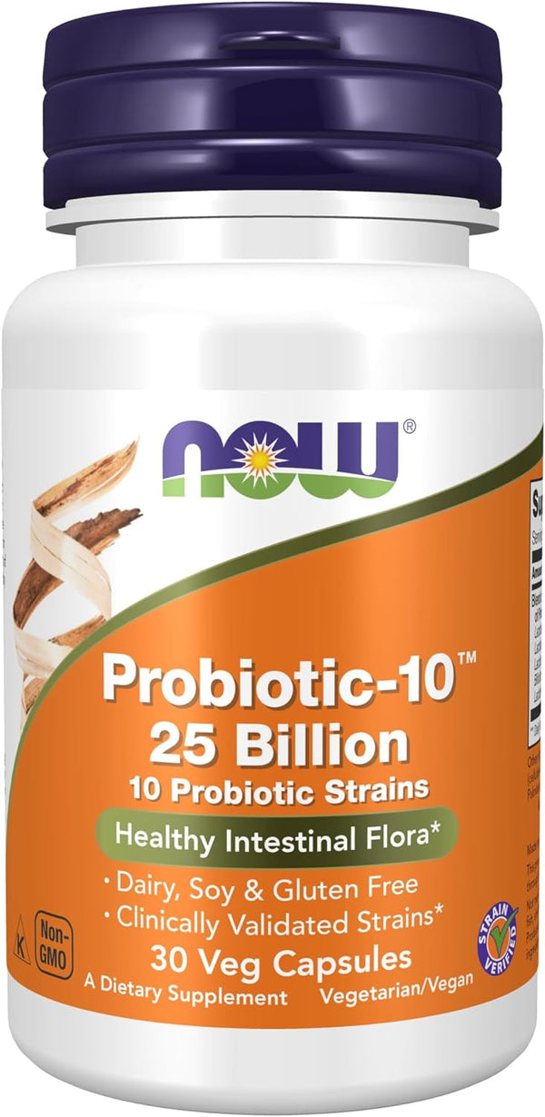 NOW Supplements, Probiotic-10™, 25 Billion, with 10 Probiotic Strains, Dairy, Soy and Gluten Free, Strain Verified,  30-50-100-180 Veg Capsules