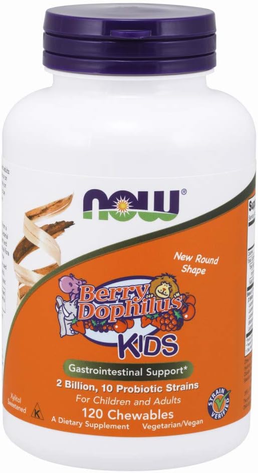 NOW Supplements, BerryDophilus with 2 Billion, 10 Probiotic Strains, Xylitol Sweetened, Strain Verified, 60-120 Chewables