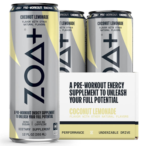 ZOA Plus Sugar-Free Pre-Workout Drink, Coconut Lemonade, 12oz (12 Pack)