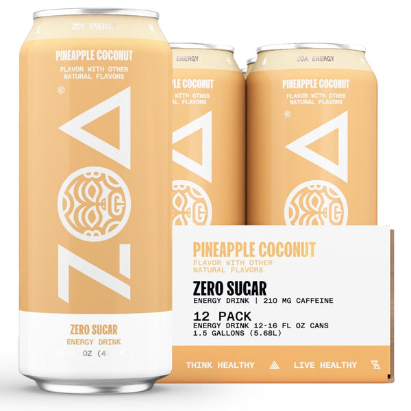 ZOA Zero Sugar Energy Drink - Pineapple Coconut, 16oz Cans (12 Pack)