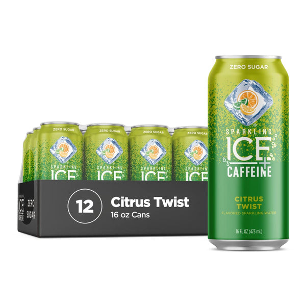 Sparkling Ice +Caffeine, Citrus Twist Sparkling Water, Zero Sugar, 16oz (12 Pack)