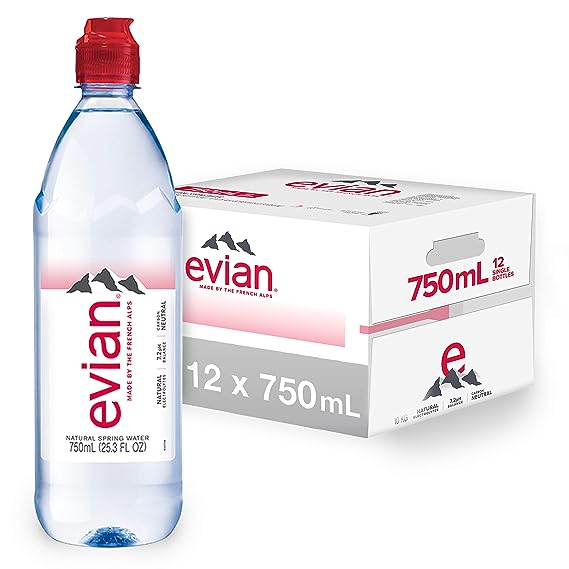 evian Natural Spring Water, 750 ML (25.3 Fl Oz) bottle, Pack of 12