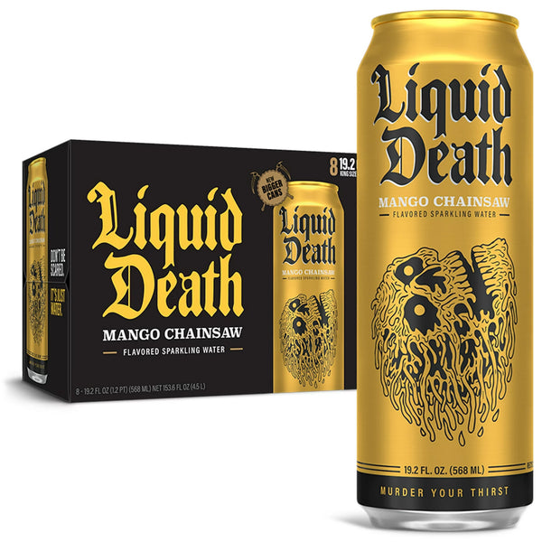 Liquid Death Sparkling Water, Mango Chainsaw 19.2oz King Size Cans (8-12 Pack)