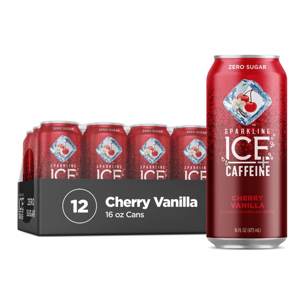 Sparkling Ice +Caffeine Cherry Vanilla Sparkling Water, Zero Sugar, 16oz (12 Pack)