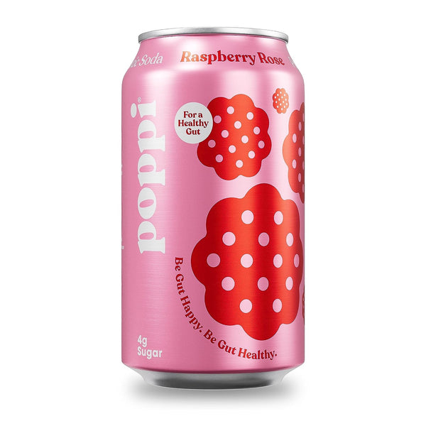 POPPI Sparkling Prebiotic Soda w/Gut Health, Low Sugar Drinks, Raspberry Rose, 12oz (12 Pack)