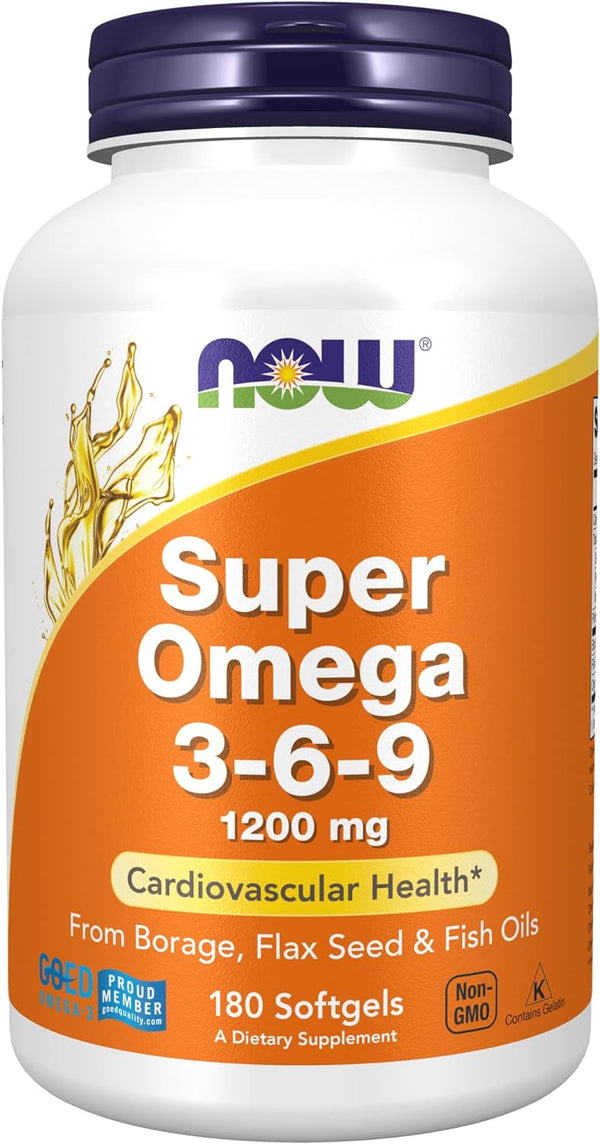 NOW Supplements, Super Omega 3-6-9 1200 mg with a blend of Fish, Borage and Flax Seed Oils, 90-180 Softgels