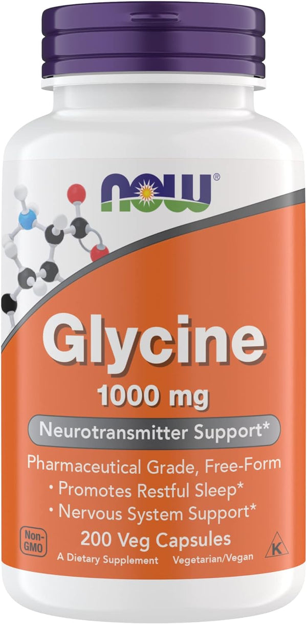 NOW Foods Glycine 1000mg, Free-Form Pharmaceutical Grade, 200 Vegetarian Capsules