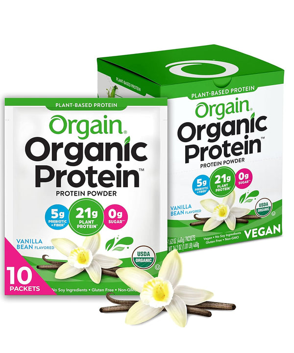 Orgain Organic Vegan Protein Powder, Vanilla Bean 21g Plant Based Protein, 10 Travel Packets