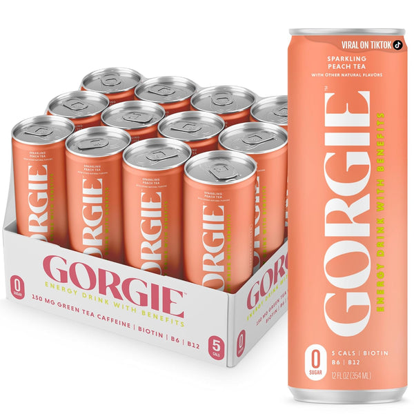 GORGIE Sugar Free Natural Energy Drinks, Sparkling Peach Tea (12 Pack)