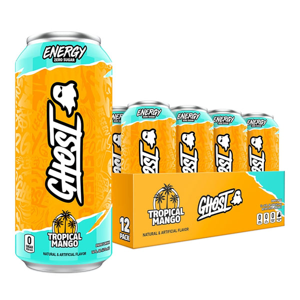 GHOST Sugar-Free Energy Drink, Tropical Mango, 16oz, (12 Pack)