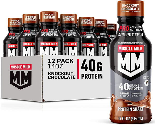 Muscle Milk Pro Protein Shake, Knockout Chocolate, 14 Fl Oz Bottle, 12 Pack