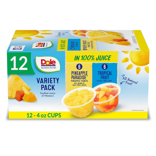 Dole Fruit Bowls Pineapple Tidbits & Tropical Fruit in 100% Juice Snacks, 4oz (12 pack)