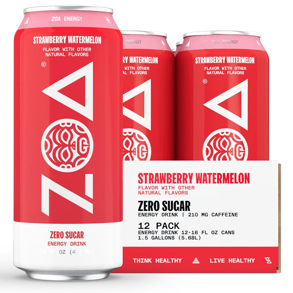 ZOA Zero Sugar Energy Drink - Strawberry Watermelon, 16oz Cans (12 Pack)