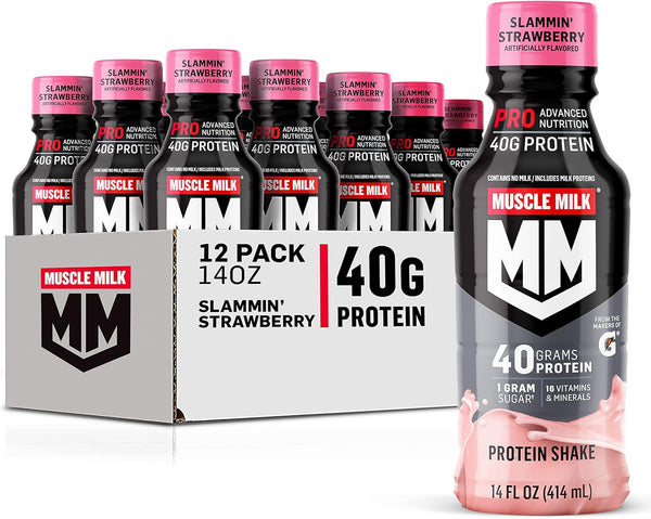 Muscle Milk Pro Series Protein Shake, Slammin' Strawberry, 14 Fl Oz, 12 Pack