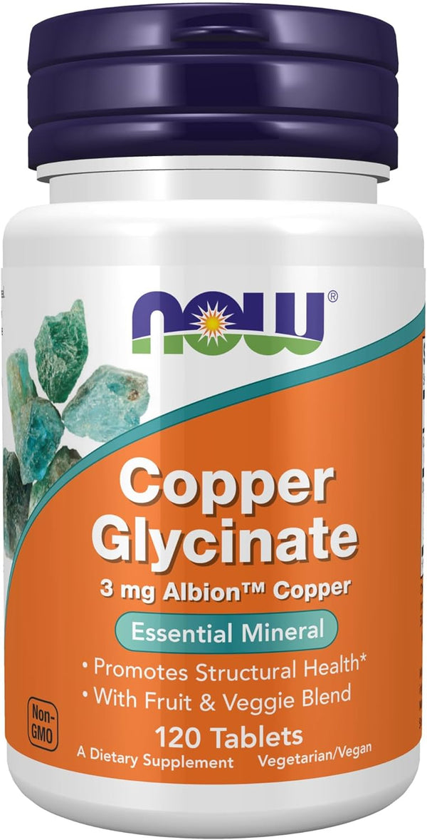 NOW Supplements, Copper Glycinate with 3mg Albion Copper, Promotes Structural Health*, 120 Tablets