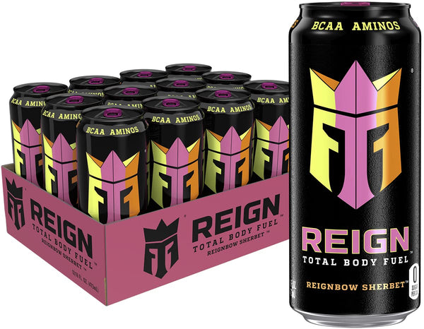 REIGN Total Body Fuel, Reignbow Sherbet, Fitness & Performance Drink, 16oz (12 Pack)