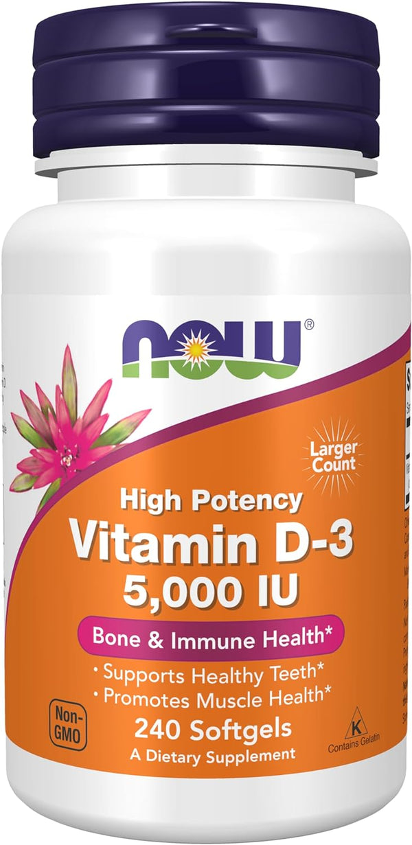 NOW Supplements, Vitamin D-3 5,000 IU, High Potency, Structural Support , 240 Softgels