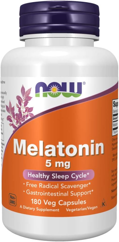 NOW Supplements, Melatonin 5 mg, Free Radical Scavenger*, Healthy Sleep Cycle*, 60-120-180 Veg Capsules