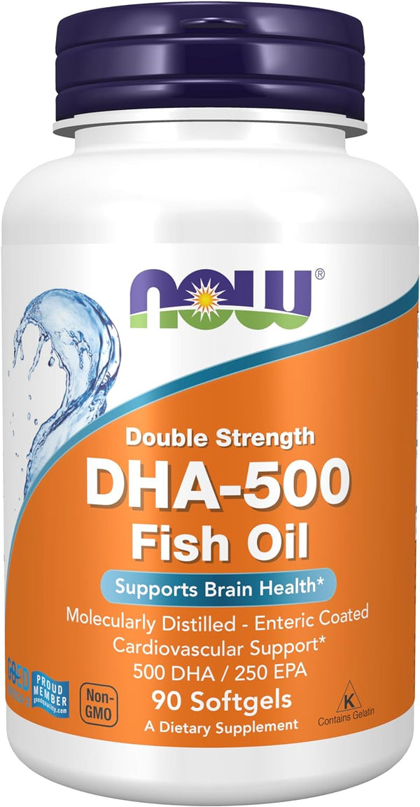 NOW Supplements, DHA-500 with 250 EPA, Molecularly Distilled, Supports Brain Health*, 90- 180 Softgels (1-2 pack)