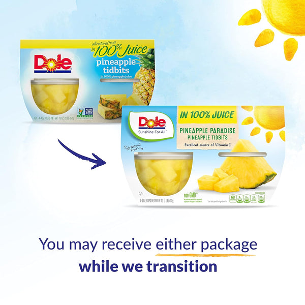 Dole Pineapple Paradise Pineapple Tidbits Fruit Juices, 4oz (12-24-36 pack)