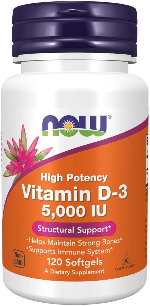 NOW Supplements, Vitamin D-3 5,000 IU, High Potency, Structural Support, 120 Softgels (1 pack)