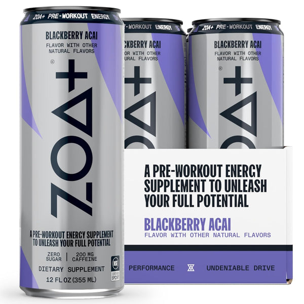 ZOA Plus Sugar-Free Pre-Workout Drink, BlackBerry Acai, 12oz (12 Pack)