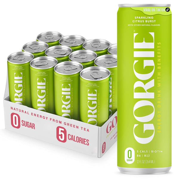 GORGIE Sugar Free Natural Energy Drinks, Sparkling Citrus Burst (12 Pack)