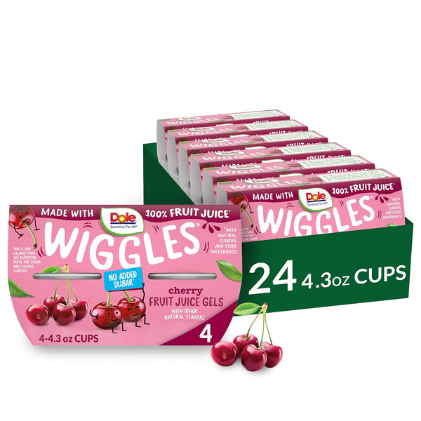 Dole Wiggles No Sugar Added Cherry Fruit Juice Gel Snacks, 4.3oz 24 Cups