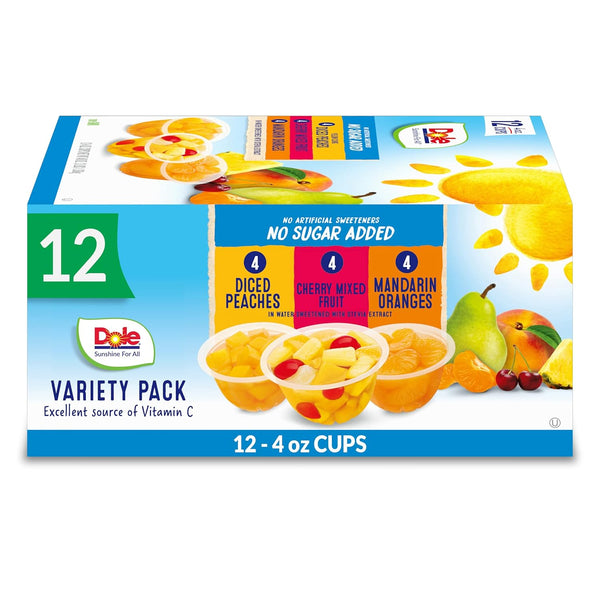 Dole Fruit Bowls No Sugar Added Variety Pack, Peaches, Mandarin Oranges & Cherry Mixed Fruit, 4oz, (12 pack)