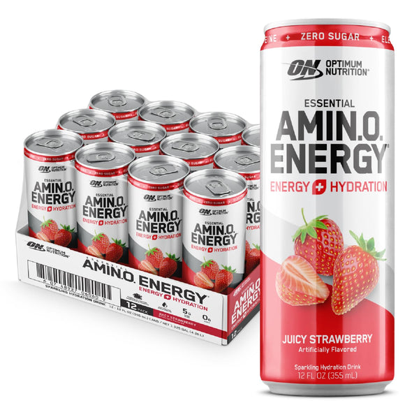 Optimum Nutrition Amino Energy Sparkling Hydration Drink, Juicy Strawberry, 12oz (12 Pack)