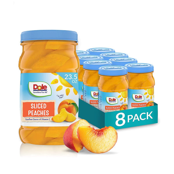 Dole Fruit Jars, Yellow Cling Sliced Peaches in 100% Fruit Juice, 23.5oz Resealable Jars, (8 Pack)