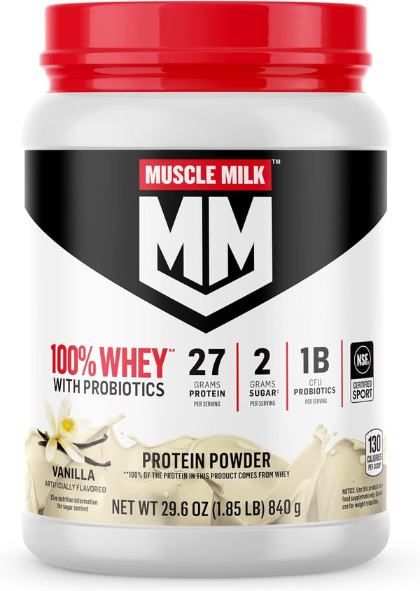 Muscle Milk 100% Whey With Probiotics Protein Powder, Vanilla, 1.85 Pound