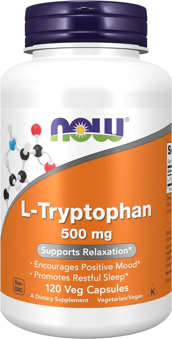 NOW Supplements, L-Tryptophan 500 mg, Encourages Positive Mood*, Supports Relaxation*, 60-120 Veg Capsules