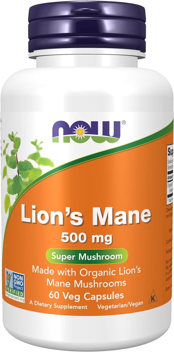 NOW Supplements, Lion's Mane 500 mg, Made with Organic Lion's Mane Mushrooms, 60 Veg Capsules