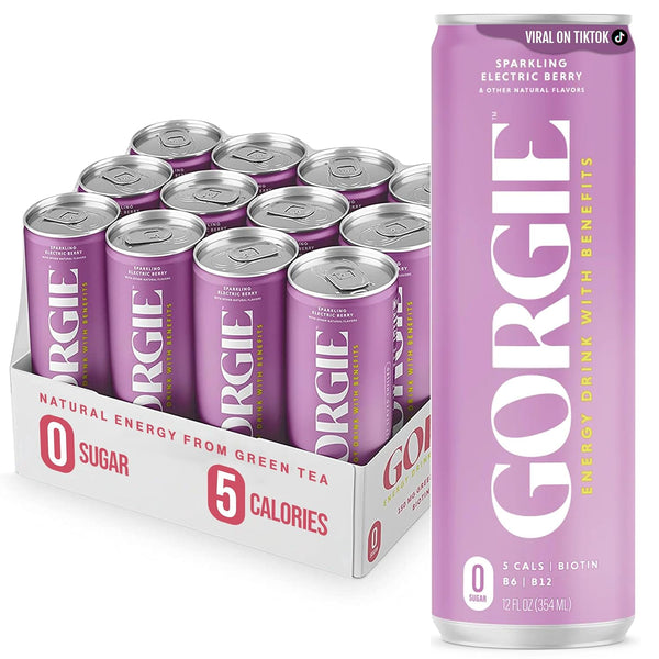 GORGIE Sugar Free Natural Energy Drinks, Sparkling Electric Berry (12 Pack)