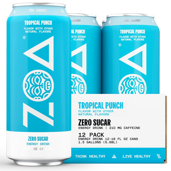 ZOA Zero Sugar Energy Drink - Tropical Punch, 16oz Cans (12 Pack)