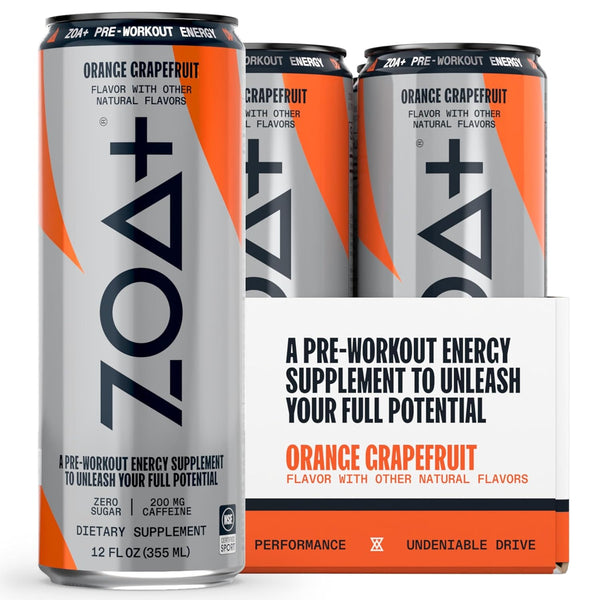 ZOA Plus Sugar-Free Pre-Workout Drink, Orange Grapefruit, 12oz (12 Pack)