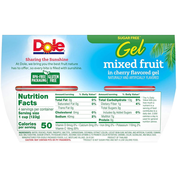 Dole Fruit Bowls Mixed Fruit in Sugar Free Cherry Flavored, 4.3oz, (4-24 pack)