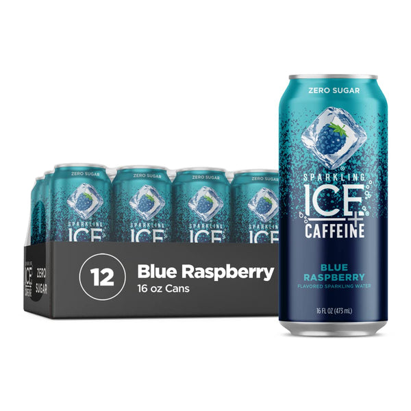 Sparkling Ice +Caffeine Blue Raspberry Sparkling Water, Zero Sugar, 16oz (12 Pack)