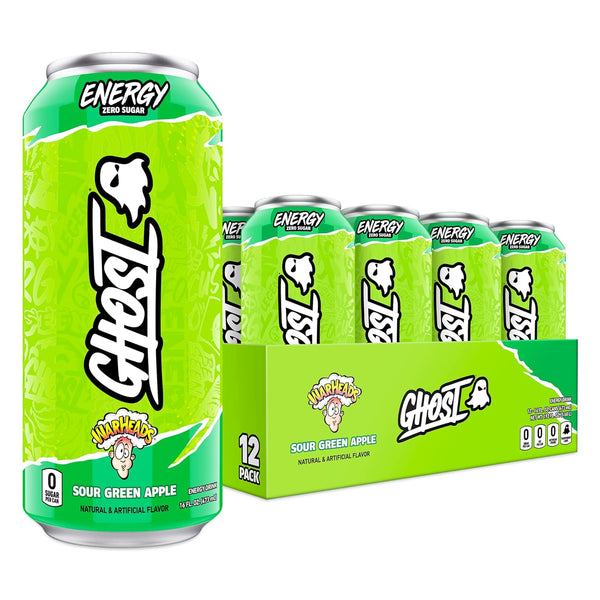 GHOST Sugar-Free Energy Drink, WARHEADS Sour Green Apple, 16oz (12 Packk)