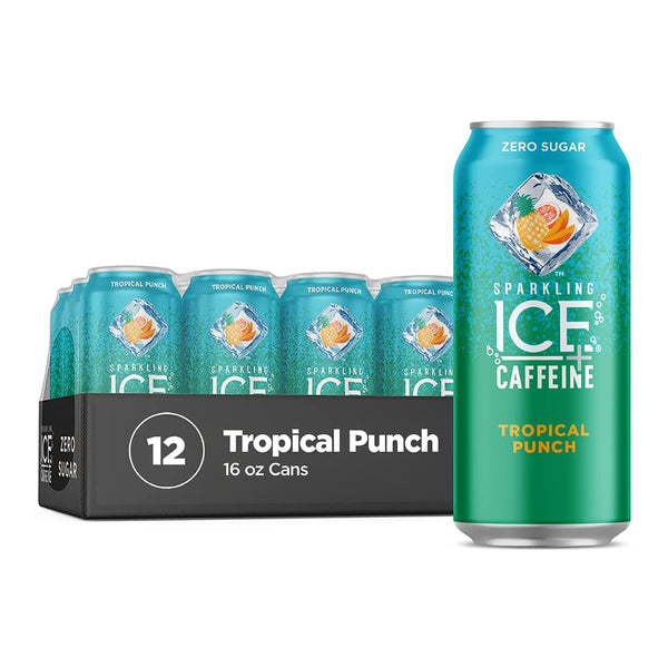 Sparkling Ice +Caffeine Tropical Punch Sparkling Water, Zero Sugar, 16oz (12 Pack)